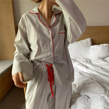 Load image into Gallery viewer, Loose Striped Pajamas Women's Pinstriped Lace Up Pants Long Sleeve Top Casual Cotton Japanese Style Pajamas 2pcs