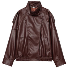 Load image into Gallery viewer, HXAO New Arrival Women's Bomber Jacket Leather Black Jackets Cropped Oversize Outerwears Zip-Up Long Sleeve Coats Outdoor Jacket