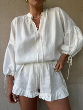 Load image into Gallery viewer, Casual V-neck Long Sleeved Top & Loose Ruffle Shorts