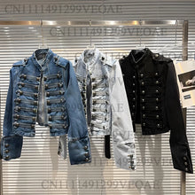 Load image into Gallery viewer, Women's High Street Metal Buckle Design Denim Short Jacket Autumn Fashion Shoulder Strap Female Coat All Season Full Sleeve
