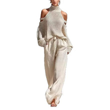 Load image into Gallery viewer, Elegant High Neck Knitted Hollowed Out Off Shoulder Top and Wide Leg Pants Women's Casual Two-piece Suit Streetwear Holiday 2026