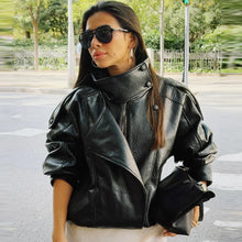 Load image into Gallery viewer, HXAO New Arrival Women's Bomber Jacket Leather Black Jackets Cropped Oversize Outerwears Zip-Up Long Sleeve Coats Outdoor Jacket