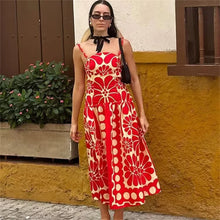 Load image into Gallery viewer, red Fashion Slim Fit Sexy Open Back V-Neck Printed Strap Long Dress