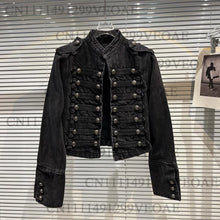 Load image into Gallery viewer, Women's High Street Metal Buckle Design Denim Short Jacket Autumn Fashion Shoulder Strap Female Coat All Season Full Sleeve