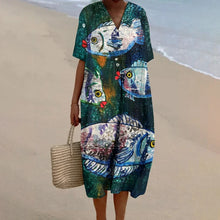 Load image into Gallery viewer, Fish Print Dress Baggy Dress Vintage V Neck A-line Luxury Brand Linen Beach
