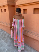 Load image into Gallery viewer, Fashion Colorful Stripe Print Long Dress Off Shoulder Ruffles