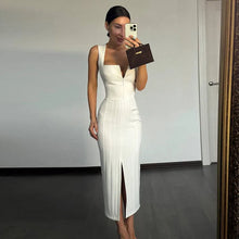 Load image into Gallery viewer, Vestido de mujer liso sin mangas con cuello cuadrado, cremallera, cintura ajustada y abertura, ideal para fiestas de verano y vacaciones.