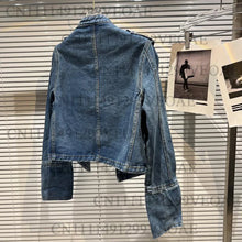 Load image into Gallery viewer, Women's High Street Metal Buckle Design Denim Short Jacket Autumn Fashion Shoulder Strap Female Coat All Season Full Sleeve