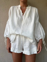 Load image into Gallery viewer, Casual V-neck Long Sleeved Top & Loose Ruffle Shorts