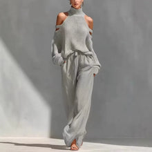 Load image into Gallery viewer, Elegant High Neck Knitted Hollowed Out Off Shoulder Top and Wide Leg Pants Women's Casual Two-piece Suit Streetwear Holiday 2026