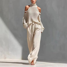 Load image into Gallery viewer, Boho Women's Two Piece Outfit Cold Shoulder Hollow Out Turtleneck Knit Sweater and High Waist Wide Leg Pants Casual Matching Set
