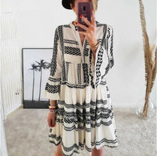 Load image into Gallery viewer, Boho Hunter Short Dress Print V-neck Bell Sleeve