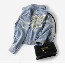 Load image into Gallery viewer, Denim jean vintage jacket vintage whit pearl studs