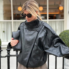 Load image into Gallery viewer, HXAO New Arrival Women's Bomber Jacket Leather Black Jackets Cropped Oversize Outerwears Zip-Up Long Sleeve Coats Outdoor Jacket