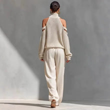 Load image into Gallery viewer, Elegant High Neck Knitted Hollowed Out Off Shoulder Top and Wide Leg Pants Women's Casual Two-piece Suit Streetwear Holiday 2026