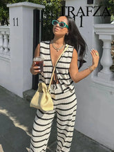 Load image into Gallery viewer, Summer 2 Piece Suit Black And White Striped V-Neck