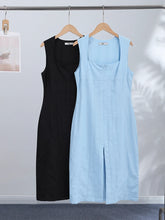 Load image into Gallery viewer, Vestido de mujer liso sin mangas con cuello cuadrado, cremallera, cintura ajustada y abertura, ideal para fiestas de verano y vacaciones.