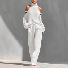 Load image into Gallery viewer, Boho Women's Two Piece Outfit Cold Shoulder Hollow Out Turtleneck Knit Sweater and High Waist Wide Leg Pants Casual Matching Set