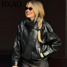 Load image into Gallery viewer, HXAO New Arrival Women's Bomber Jacket Leather Black Jackets Cropped Oversize Outerwears Zip-Up Long Sleeve Coats Outdoor Jacket