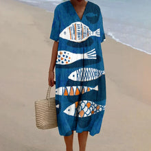 Load image into Gallery viewer, Fish Print Dress Baggy Dress Vintage V Neck A-line Luxury Brand Linen Beach