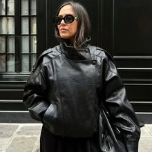 Load image into Gallery viewer, HXAO New Arrival Women's Bomber Jacket Leather Black Jackets Cropped Oversize Outerwears Zip-Up Long Sleeve Coats Outdoor Jacket