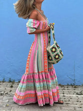 Load image into Gallery viewer, Fashion Colorful Stripe Print Long Dress Off Shoulder Ruffles