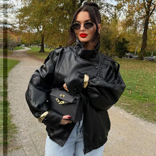 Load image into Gallery viewer, HXAO New Arrival Women's Bomber Jacket Leather Black Jackets Cropped Oversize Outerwears Zip-Up Long Sleeve Coats Outdoor Jacket