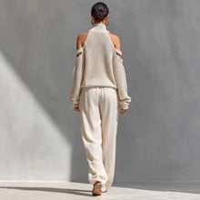 Load image into Gallery viewer, Boho Women's Two Piece Outfit Cold Shoulder Hollow Out Turtleneck Knit Sweater and High Waist Wide Leg Pants Casual Matching Set