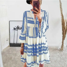 Load image into Gallery viewer, Boho Hunter Short Dress Print V-neck Bell Sleeve