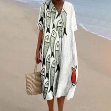 Load image into Gallery viewer, Fish Print Dress Baggy Dress Vintage V Neck A-line Luxury Brand Linen Beach