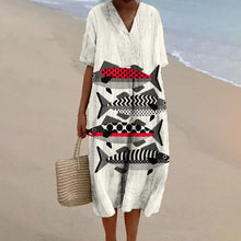 Load image into Gallery viewer, Fish Print Dress  Baggy Dress Vintage V Neck A-line Luxury Brand Linen Beach
