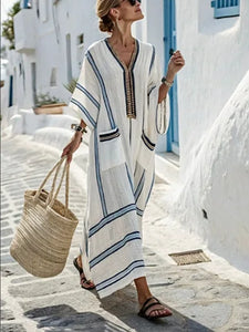 Casual Loose Retro Striped Print Holiday Dresses Summer Flare Sleeve Button V Neck Robes Dress Boho Beach Style Long Dress Woman