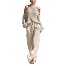 Load image into Gallery viewer, Boho Women's Two Piece Outfit Cold Shoulder Hollow Out Turtleneck Knit Sweater and High Waist Wide Leg Pants Casual Matching Set
