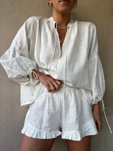 Load image into Gallery viewer, Casual V-neck Long Sleeved Top &amp; Loose Ruffle Shorts
