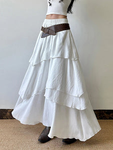 Women Pleated Maxi Skirt Flowy Solid Color High Waist A-line Dress Casual Streetwear with Ruffle Detail