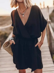 Fashion Solid Dress For Women Casual V Neck Short Sleeve High Waist Loose Dresses Lady Holiday Beach Skirts Womens Clothing New