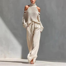 Load image into Gallery viewer, Elegant High Neck Knitted Hollowed Out Off Shoulder Top and Wide Leg Pants Women's Casual Two-piece Suit Streetwear Holiday 2026
