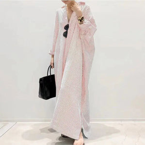 Autumn New Striped Women's Long Dress V-neck  Sleeves Loose Dress Home Wear Loose
