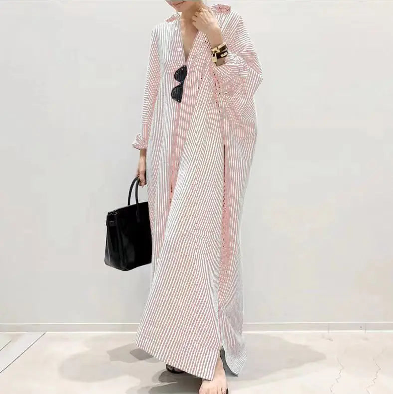 Autumn New Striped Women's Long Dress V-neck  Sleeves Loose Dress Home Wear Loose