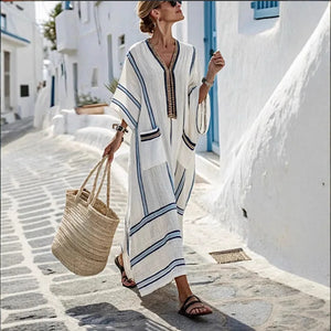 Casual Loose Retro Striped Print Holiday Dresses Summer Flare Sleeve Button V Neck Robes Dress Boho Beach Style Long Dress Woman