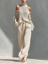 Load image into Gallery viewer, Elegant High Neck Knitted Hollowed Out Off Shoulder Top and Wide Leg Pants Women's Casual Two-piece Suit Streetwear Holiday 2026
