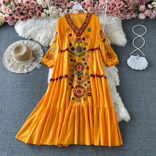 Load image into Gallery viewer, Vintage Chic Women  Floral Embroidery Beach Bohemian Mini Dress Ladies Short Sleeve V-neck Cotton and Linen Boho Dresses Vestido
