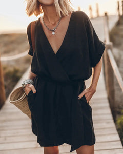 Fashion Solid Dress For Women Casual V Neck Short Sleeve High Waist Loose Dresses Lady Holiday Beach Skirts Womens Clothing New