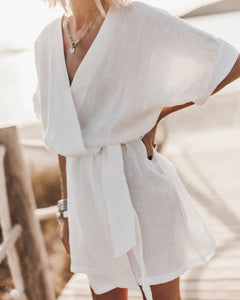 Fashion Solid Dress For Women Casual V Neck Short Sleeve High Waist Loose Dresses Lady Holiday Beach Skirts Womens Clothing New