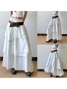 Women Pleated Maxi Skirt Flowy Solid Color High Waist A-line Dress Casual Streetwear with Ruffle Detail