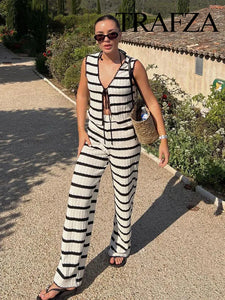 Summer 2 Piece Suit Black And White Striped V-Neck