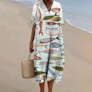 Fish Print Dress  Baggy Dress Vintage V Neck A-line Luxury Brand Linen Beach