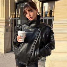 Load image into Gallery viewer, HXAO New Arrival Women's Bomber Jacket Leather Black Jackets Cropped Oversize Outerwears Zip-Up Long Sleeve Coats Outdoor Jacket
