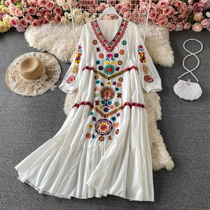 Vintage Chic Women  Floral Embroidery Beach Bohemian Mini Dress Ladies Short Sleeve V-neck Cotton and Linen Boho Dresses Vestido