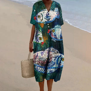 Fish Print Dress  Baggy Dress Vintage V Neck A-line Luxury Brand Linen Beach